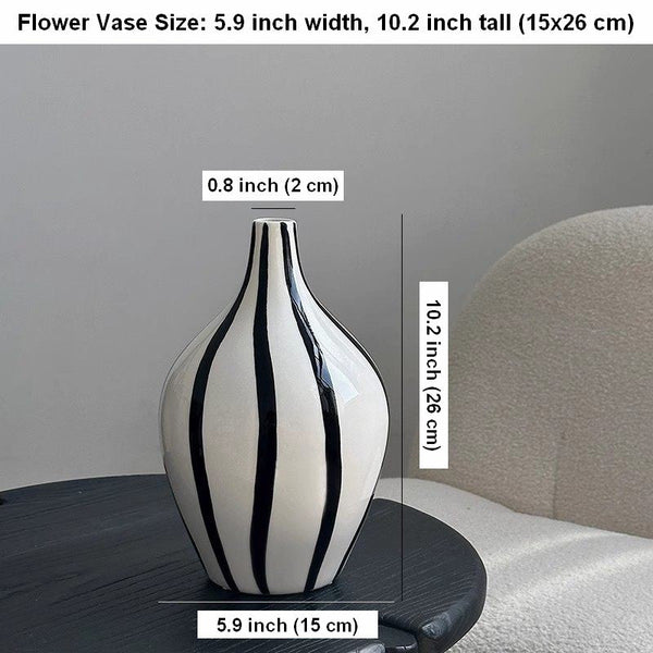 Water Holding Flower Vases, Black and White Striped Ceramic Vase, Porcelain Flower Vases, Modern Flower Vases on Table-ArtWorkCrafts.com