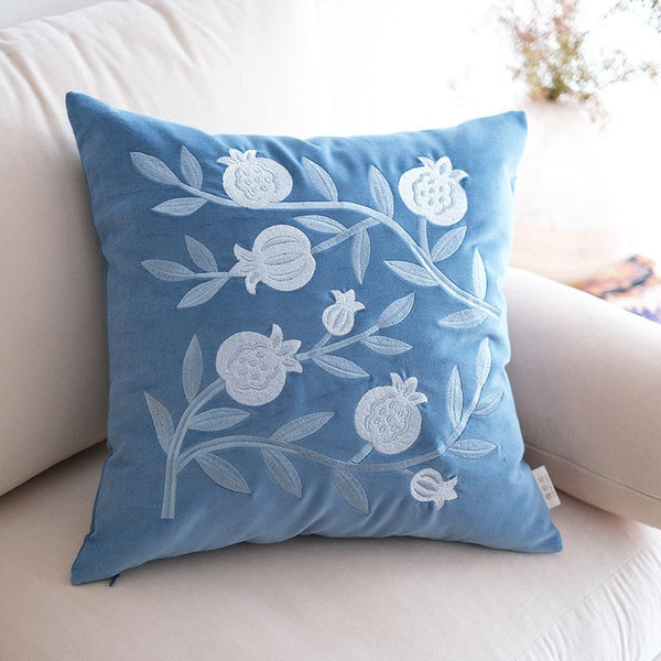 Large Decorative Pillows for Couch, Living Room Decorative Pillows, Blue Embroidered Pomegranate Cushion, Modern Throw Pillows for Bedroom, Decorative Pillow Arrangement Ideas for Couch-ArtWorkCrafts.com