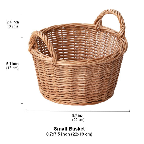 Large Picnic Fruit Basket with Handle, Natural Hand-woven Wicker Round Storage Basket, Lovely Willow Weaving Baskets for Vegetable, Natural Fruit Storage Basket, Kitchen Storage Baskets-ArtWorkCrafts.com