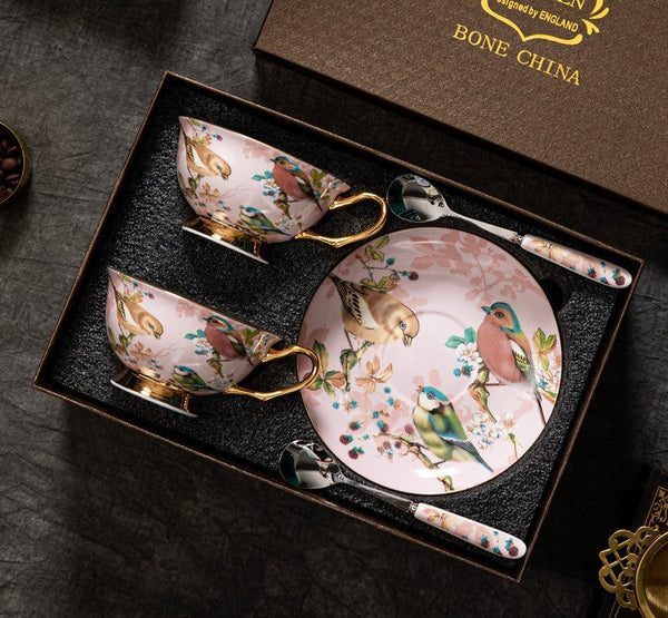 Unique Tea Cup and Saucer in Gift Box, Lovely Birds Ceramic Cups, 8 oz Ceramic Coffee Cups, Afternoon Porcelain Tea Cup Set-ArtWorkCrafts.com