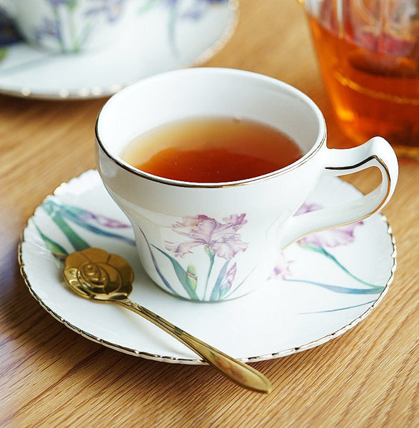 Iris Flower British Tea Cups, Beautiful Porcelain Tea Cup Saucer Set, Traditional English Tea Cup and Saucer, Unique Ceramic Coffee Cups in Gift Box-ArtWorkCrafts.com