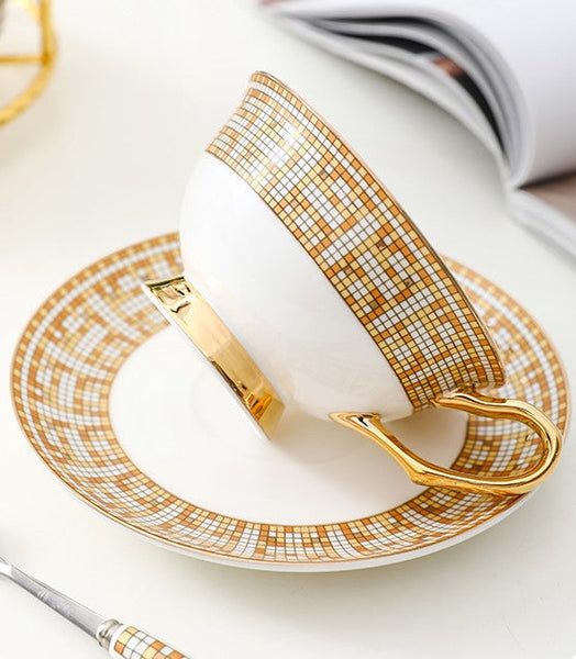 Bone China Porcelain Tea Cup Set for Office, Yellow Ceramic Cups, Elegant British Ceramic Coffee Cups, Unique Tea Cup and Saucer in Gift Box-ArtWorkCrafts.com