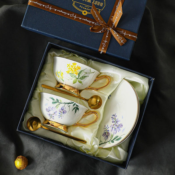 Unique Tea Cup and Saucer in Gift Box, Floral Ceramic Coffee Cup with Saucer, Beautiful British Tea Cup and Saucer, Porcelain Tea Cup Saucer Set-ArtWorkCrafts.com