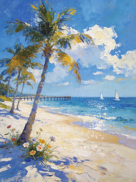 Small Oil Paintings, Sandy Beach Serenity, Palm Tree Beach Paintings, Canvas Paintings for Bedroom, Heavy Texture Artwork, Hand Painted Canvas Art, Original Landscape Paintings-ArtWorkCrafts.com