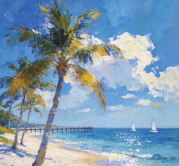 Small Oil Paintings, Sandy Beach Serenity, Palm Tree Beach Paintings, Canvas Paintings for Bedroom, Heavy Texture Artwork, Hand Painted Canvas Art, Original Landscape Paintings-ArtWorkCrafts.com