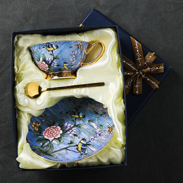 Blue Bird and Butterfly Porcelain Tea Cup Saucer Set, 7.4 oz British Tea Cup and Saucer in Gift Box, Elegant British Ceramic Coffee Cups-ArtWorkCrafts.com