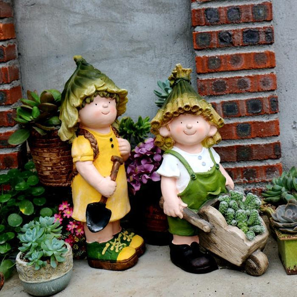 Large Boy Cart and Girl Carry Basket Statues, Flower Pot, Garden Courtyard Ornament, Gardening Ideas, House Warming Gift-ArtWorkCrafts.com