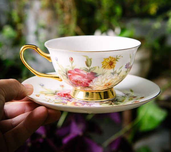 Elegant Rose Flower Ceramic Cups, Unique Royal Coffee Cup and Saucer, Creative Porcelain Tea Cup Saucer Set, Beautiful British Tea Cups-ArtWorkCrafts.com