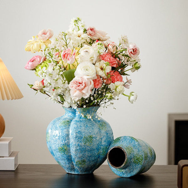 Centerpiece on Dining Table, Blue Flower Vase on Table, Handmade Water Holding Flower Vases, Pottery Flower Vases, Modern Bouquet Flower Vases-ArtWorkCrafts.com