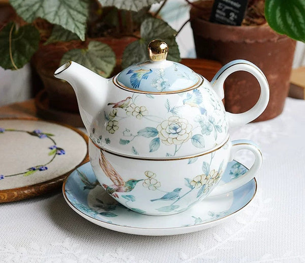 Stackable Teapot and Cup Set, Ceramic Tea Pot with Integrated Cup, Porcelain Teapot with Matching Cup and Saucer in Gift Box, Mother-and-Baby Teapot with Matching Saucer-ArtWorkCrafts.com