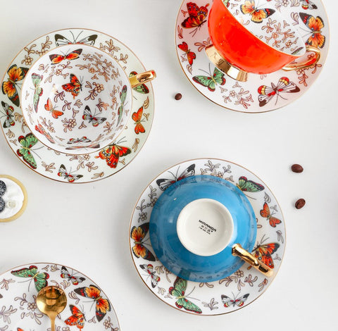 Creative Butterfly Ceramic Coffee Cups, Unique Butterfly Coffee Cups and Saucers, Beautiful British Tea Cups, Creative Bone China Porcelain Tea Cup Set-ArtWorkCrafts.com