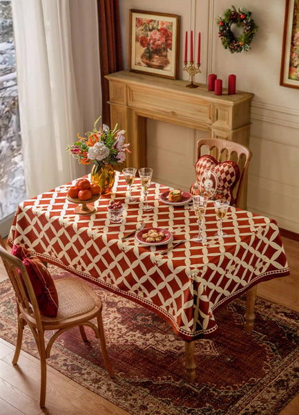 Holiday Red Tablecloth for Dining Table, Rabbit Pattern Table Cover for Dining Room Table, Modern Rectangle Tablecloth for Oval Table-ArtWorkCrafts.com