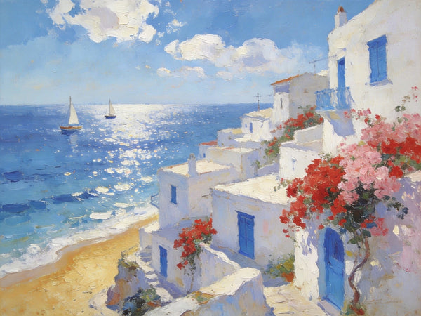 Original Oil Paintings, Santorini's Seaside Symphony, Seashore Paintings, Summer Resort, Hand Painted Canvas Art, Small Canvas Paintings, Landscape Wall Art Paintings, Landscape Paintings for Living Room-ArtWorkCrafts.com