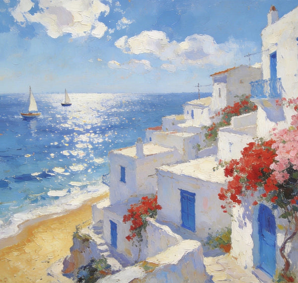 Original Oil Paintings, Santorini's Seaside Symphony, Seashore Paintings, Summer Resort, Hand Painted Canvas Art, Small Canvas Paintings, Landscape Wall Art Paintings, Landscape Paintings for Living Room-ArtWorkCrafts.com