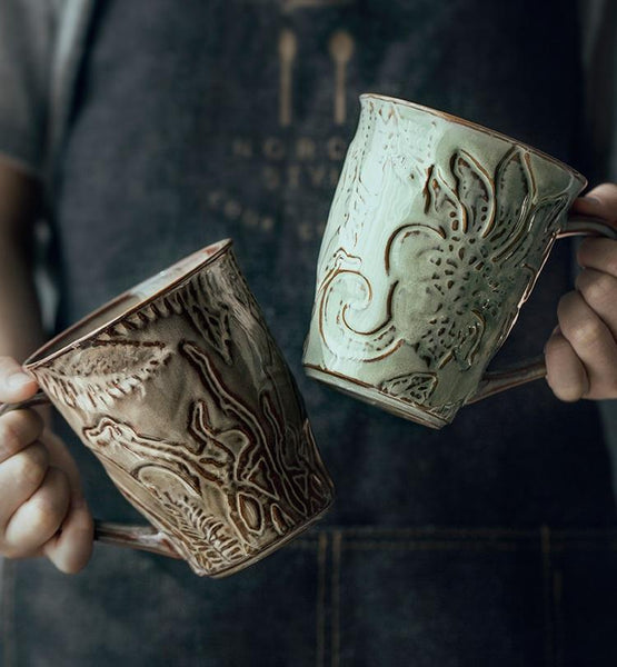 Green Ceramic Coffee Mug, Birthday Gifts, Stoneware Coffee Mugs, Handmade Pottery Coffee Mug, Large Capacity Coffee Cups-ArtWorkCrafts.com