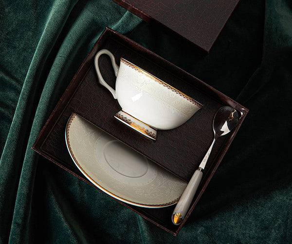 Bone China Porcelain Coffee Cup Set, White Ceramic Cups, Elegant British Ceramic Coffee Cups, Unique Tea Cup and Saucer in Gift Box-ArtWorkCrafts.com