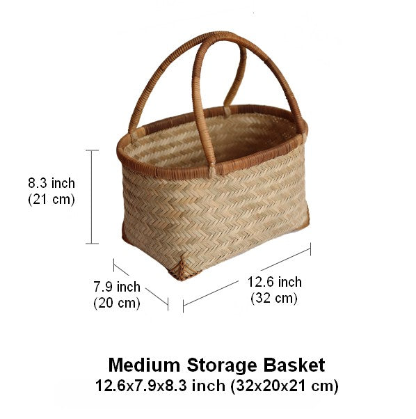 Storage Basket with Handle, Large Kitchen Storage Baskets, Natural Hand-woven Bamboo Storage Basket, Lovely Bamboo Weaving Baskets for Vegetable, Picnic Fruit Storage Baskets-ArtWorkCrafts.com