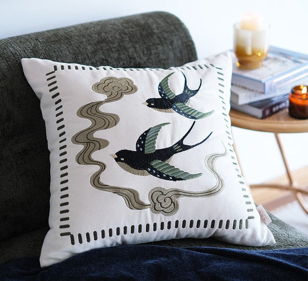 Luxury Decorative Pillows for Couch, Modern Throw Pillows for Couch, Vintage Decorative Pillows, Embroidered Swallow Birds Cushion, Decorative Pillow Arrangement Ideas for Bed-ArtWorkCrafts.com