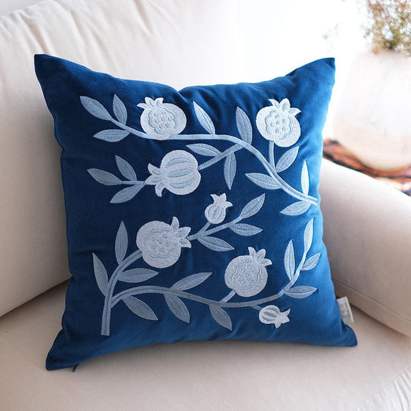 Blue Embroidered Pomegranate Cushion, Large Decorative Pillows for Couch, Living Room Decorative Pillows, Modern Throw Pillows for Bedroom, Decorative Pillow Arrangement Ideas for Couch-ArtWorkCrafts.com