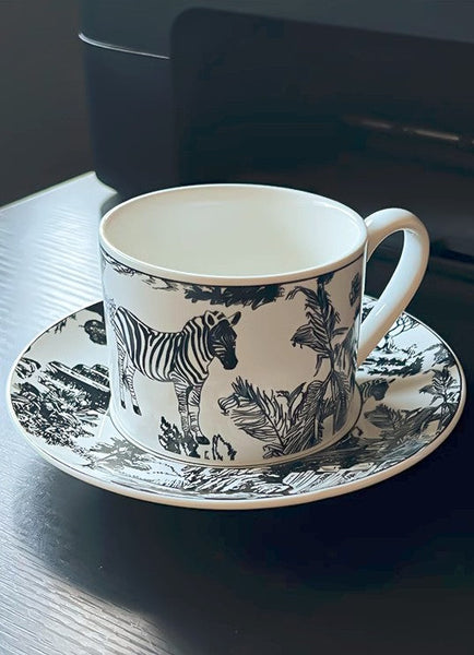 Unique Tea Cup and Saucer in Gift Box, Zebra Jungle Bone China Porcelain Tea Cup Set, Royal Ceramic Cups, Elegant Ceramic Coffee Cups-ArtWorkCrafts.com