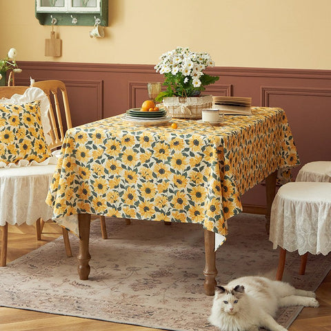 Modern Rectangle Tablecloth for Dining Room Table, Yellow Sunflower Pattern Farmhouse Table Cloth, Square Tablecloth for Round Table-ArtWorkCrafts.com
