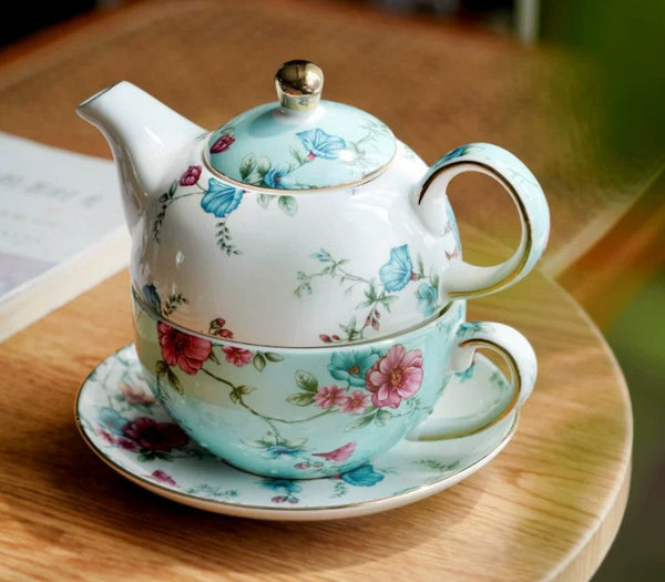 Porcelain Teapot with Matching Cup and Saucer in Gift Box, Stackable Teapot and Cup Set, Ceramic Tea Pot with Integrated Cup, Mother and Baby Teapot with Matching Saucer-ArtWorkCrafts.com
