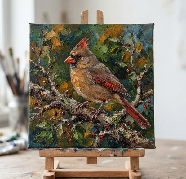 Hand Painted Canvas Art, Northern Cardinal Bird Painting, Small Art on Canvas, Original Oil Paintings, Heavy Texture Painting, Miniature Wall Art