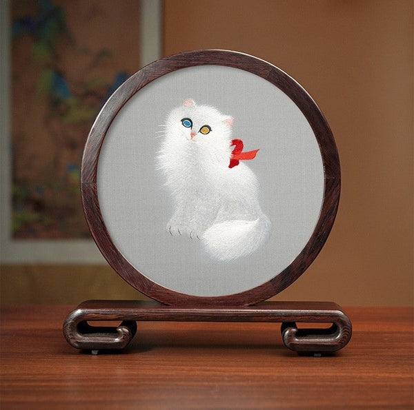 Exclusive Business Present, Lovely Kitty Cat Embroidered Decor, Premium Souvenir, Unique Birthday Gift, Traditional Chinese Suzhou Kitten Embroidery Ornament-ArtWorkCrafts.com