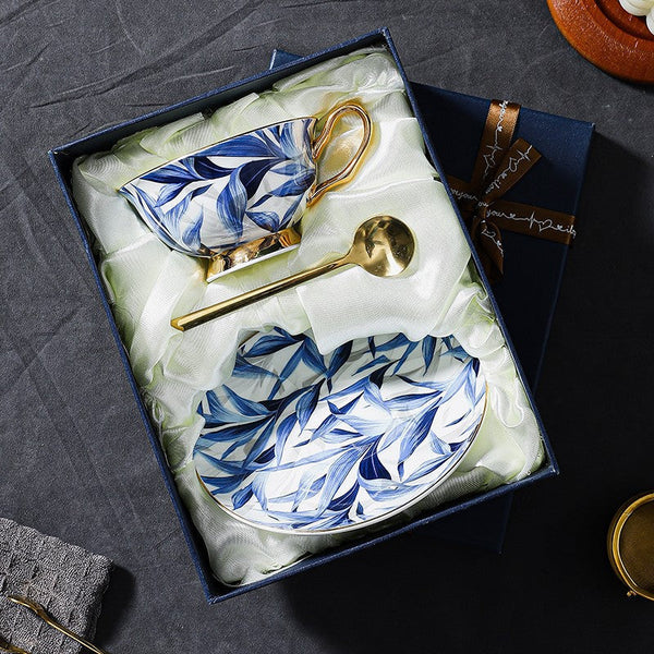 Unique British Tea Cup and Saucer in Gift Box, Blue Porcelain Tea Cup Saucer Set, 7.4 oz British Ceramic Coffee Cups-ArtWorkCrafts.com