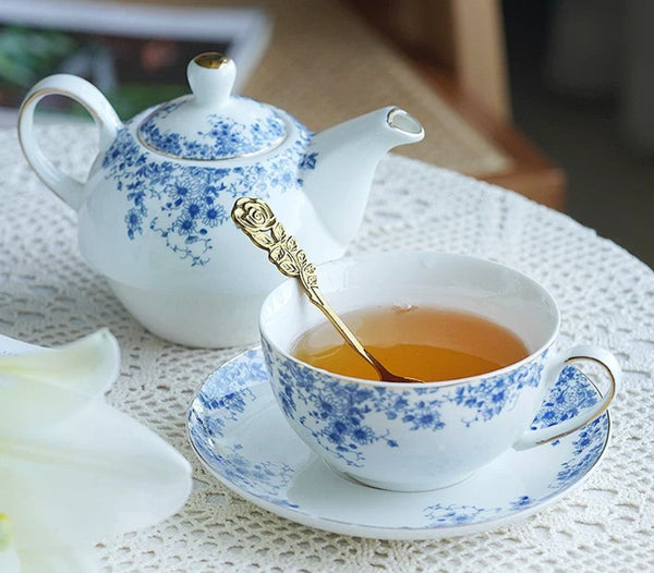 British Style Porcelain Teapot with Matching Cup and Saucer in Gift Box, Ceramic Tea Pot with Integrated Cup, Stackable Teapot and Cup Set, Mother-and-Baby Teapot with Matching Saucer-ArtWorkCrafts.com