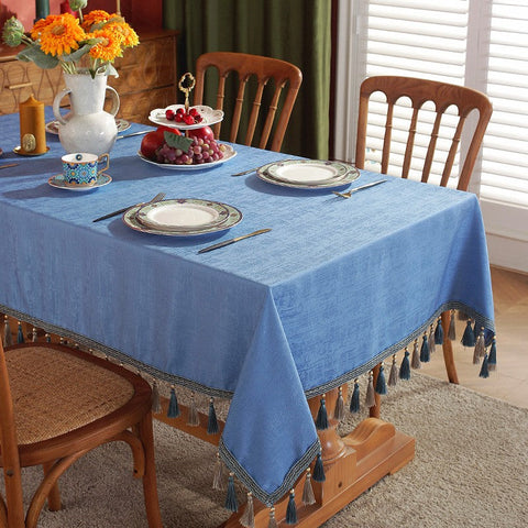 Modern Rectangle Tablecloth, Large Simple Table Cover for Dining Room Table, Square Tablecloth for Round Table, Blue Fringes Tablecloth for Home Decoration-ArtWorkCrafts.com