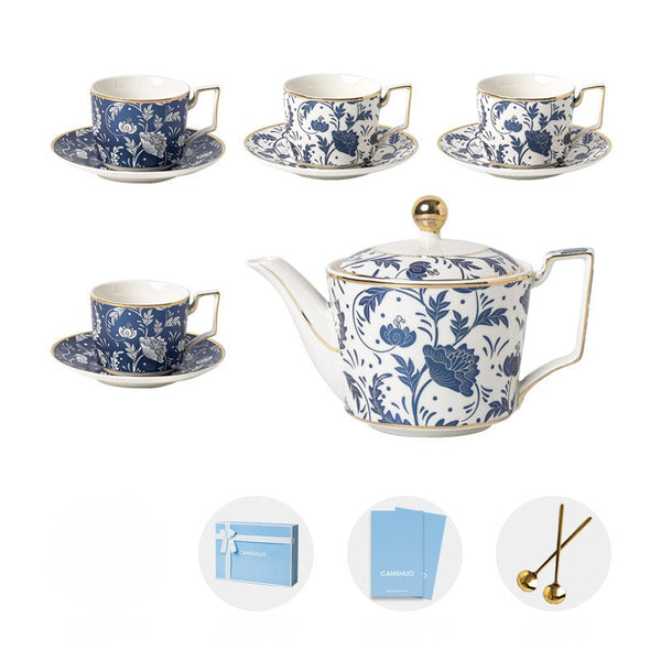 Ceramic Coffee Cup with Saucer in Gift Box, 8 oz Blue Porcelain Tea Cup and Saucer Set of 4 cups, British Traditional Afternoon Tea Cup Set with Teapot-ArtWorkCrafts.com