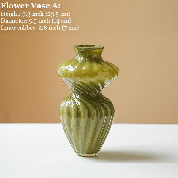 Handmade Contemporary Glass Vases, Modern Green Vases for Living Room, Mid Century Vases for Flowers, Unique Decorative Glass Vase, Centerpiece Vases on Table-ArtWorkCrafts.com