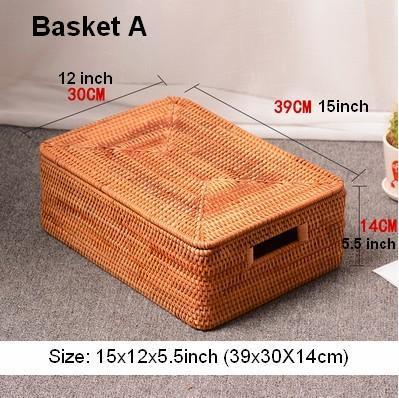 Rectangular Storage Basket with Lid, Rattan Storage Baskets for Shelves, Kitchen Storage Baskets, Storage Baskets for Clothes, Laundry Woven Baskets-ArtWorkCrafts.com