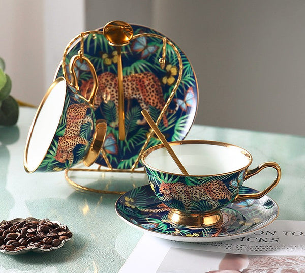 Creative Leopard Ceramic Coffee Cups, 6.8 oz Tea Cup and Saucer in Gift Box as Birthday Gift, Beautiful British Tea Cups, Creative Porcelain Tea Cup Set-ArtWorkCrafts.com