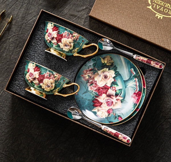 Large Rose Royal Ceramic Cups, Afternoon Bone China Porcelain Tea Cup Set, Unique Tea Cups and Saucers in Gift Box, Elegant Flower Ceramic Coffee Cups-ArtWorkCrafts.com
