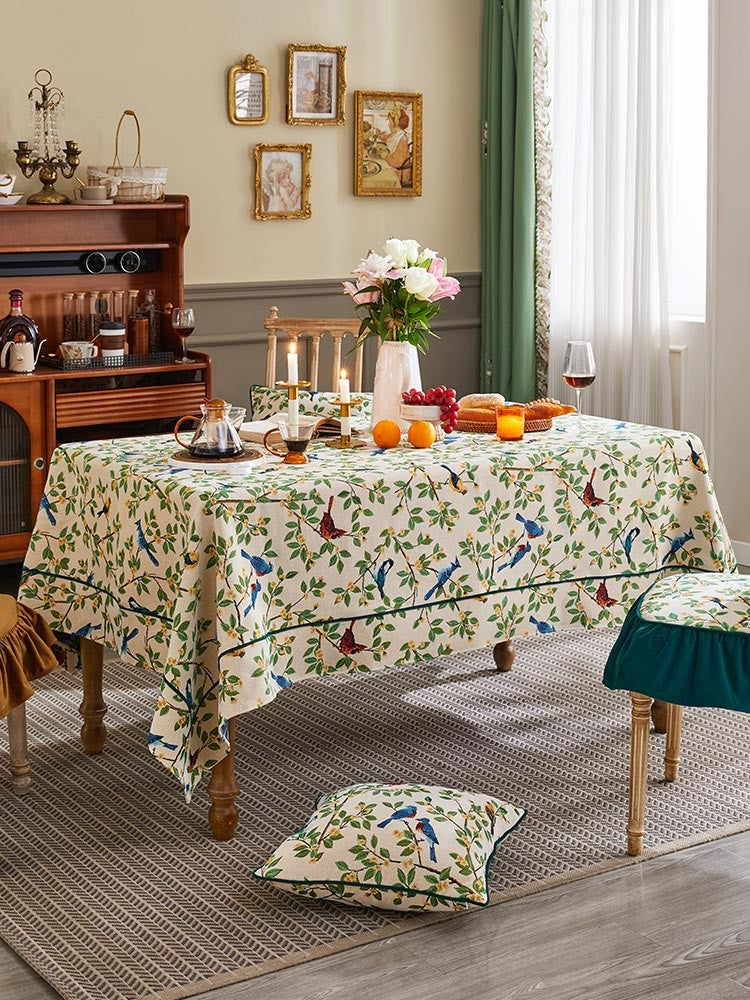 Large Modern Rectangle Tablecloth for Dining Room Table, Bird Flower Pattern Farmhouse Table Cloth, Square Tablecloth for Round Table-ArtWorkCrafts.com