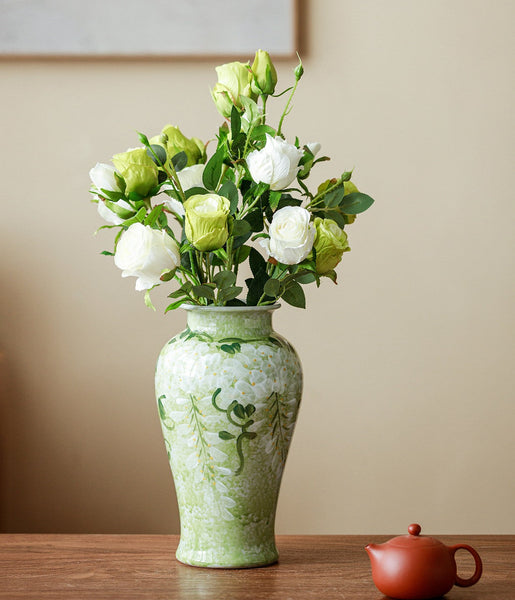 Large Flower Vases on Table, Green Porcelain Flower Vases, Centerpiece Ceramic Bud Vases, Handmade Water Holding Flower Vase-ArtWorkCrafts.com
