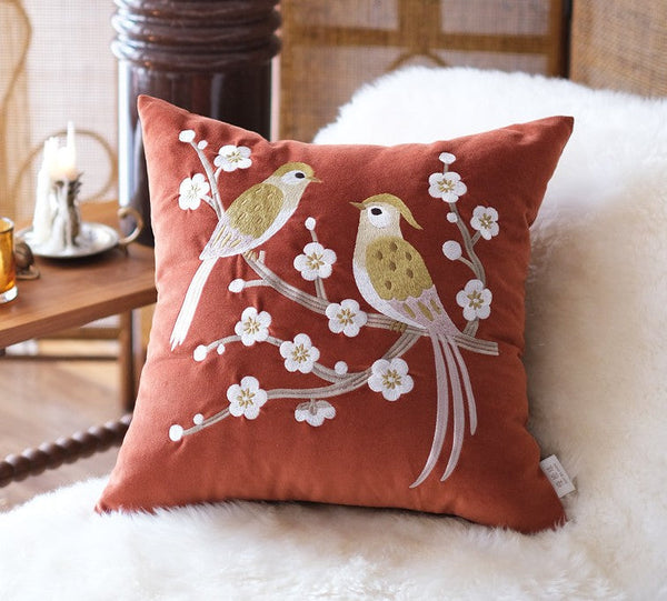 Modern Throw Pillows for Bedroom, Decorative Pillows for Couch, Vintage Decorative Pillows, Embroidered Birds Cushion, Decorative Pillow Arrangement Ideas for Couch-ArtWorkCrafts.com