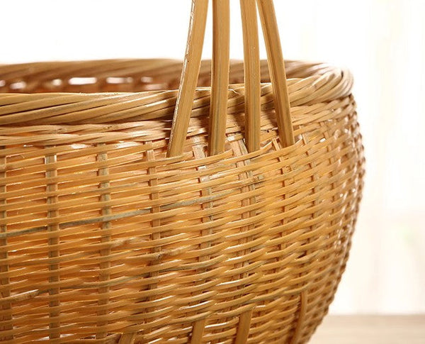 Natural Hand-woven Bamboo Basket, Extra Large Picnic Food Basket with Handle, Lovely Bamboo Baskets for Vegetable, Natural Fruit Basket Kitchen Storage Baskets-ArtWorkCrafts.com