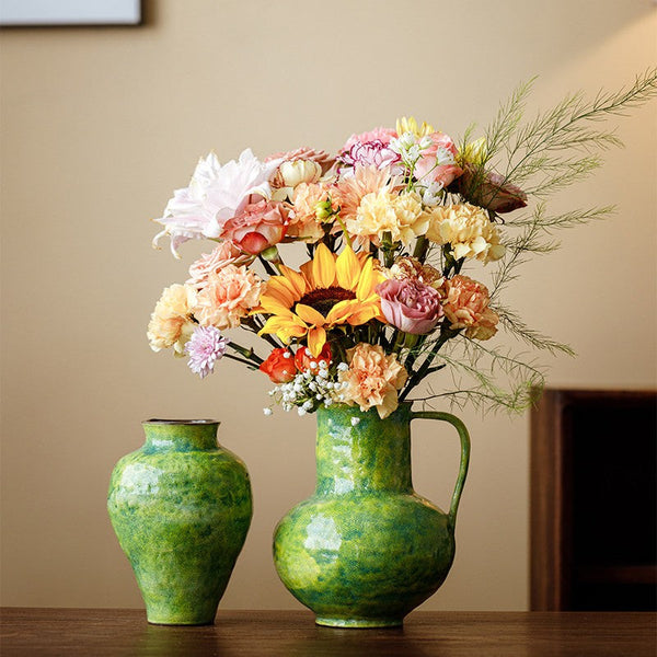 Centerpiece on Dining Table, Modern Pottery Flower Vases, Handmade Water Holding Flower Vases, Pottery Bud Vases, Large Green Flower Vases on Table-ArtWorkCrafts.com
