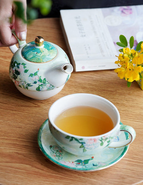 Ceramic Tea Pot with Integrated Cup, Mother-and-Baby Teapot with Matching Saucer, Vintage Style Stackable Tea Pot Set, English Style Tea Pot and Cup Set-ArtWorkCrafts.com