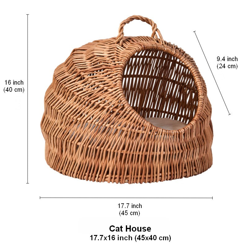 Indoor Cat Bed, Natural Wicker Cat House Basket with Washable Cushion for Indoor Cats and Dogs-ArtWorkCrafts.com