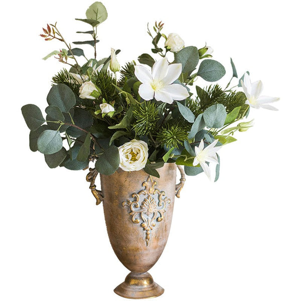 Eucalyptus Globulus, Clematis, White Rose Flowers, Unique Flower Arrangement for Home Decoration, Beautiful Modern Artificial Flowers for Dining Room Table-ArtWorkCrafts.com