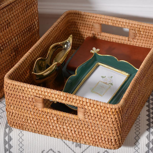 Rectangular Storage Basket with Lid, Kitchen Storage Baskets, Rattan Storage Baskets for Clothes, Storage Baskets for Living Room-ArtWorkCrafts.com
