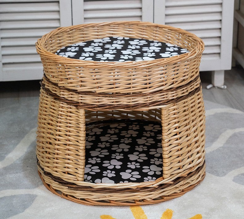 Large Double-Layer Cat Bed, Wicker Cat House Basket with Washable Cushion for Indoor Cats and Dogs-ArtWorkCrafts.com