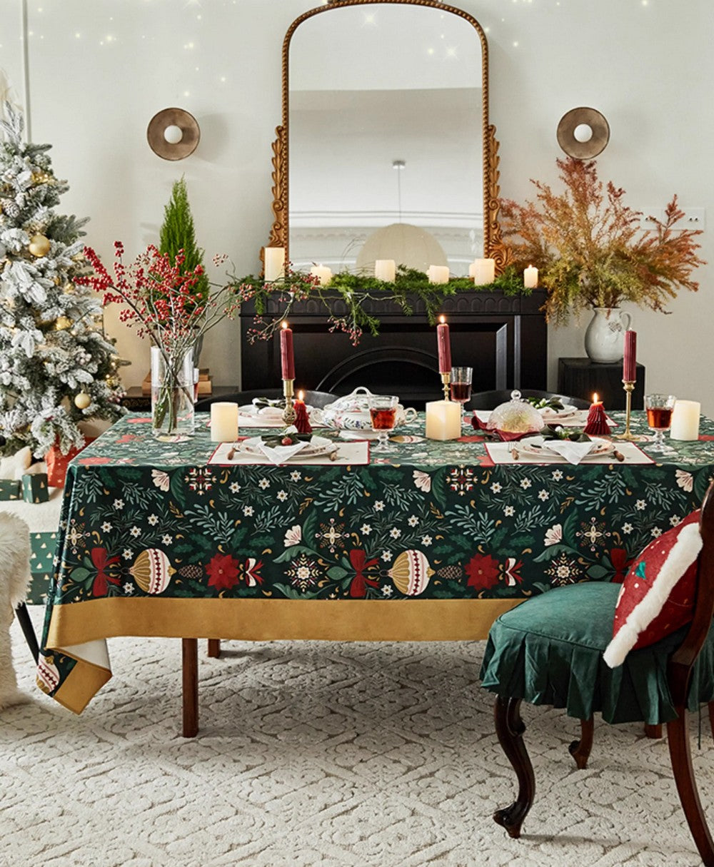 Jingle Bell Christmas Table Covers for Dining Table, Green Table Cloth for Oval Table, Large Modern Rectangle Tablecloth for Large Table-ArtWorkCrafts.com