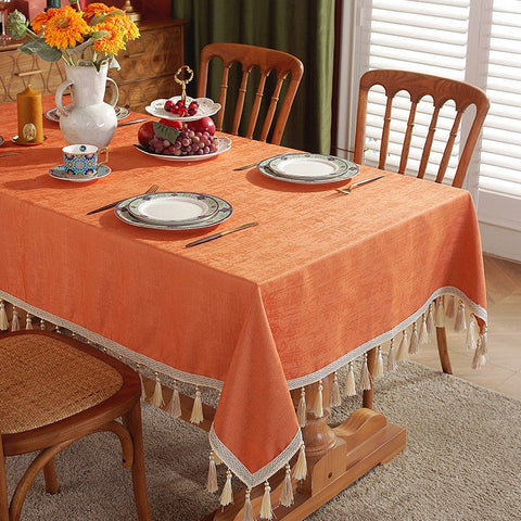 Modern Rectangle Tablecloth, Large Simple Table Cover for Dining Room Table, Orange Fringes Tablecloth for Home Decoration, Square Tablecloth for Round Table-ArtWorkCrafts.com