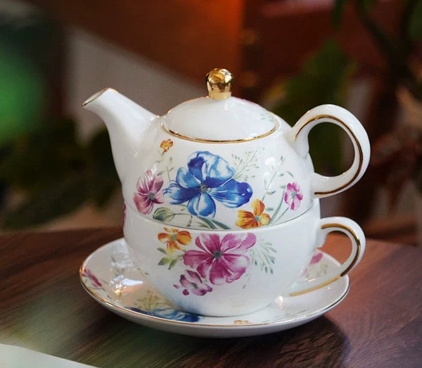 Ceramic Tea Pot with Integrated Cup, Stackable Teapot and Cup Set, Porcelain Teapot with Matching Cup and Saucer in Gift Box, Mother and Baby Teapot with Matching Saucer-ArtWorkCrafts.com