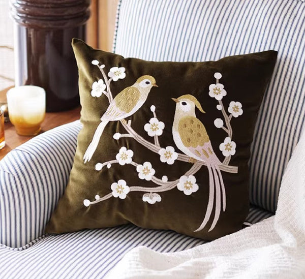 Embroidered birds cushion, Decorative Pillows for Couch, Vintage Decorative Pillows, Modern Throw Pillows for Bedroom, Decorative Pillow Arrangement Ideas for Couch-ArtWorkCrafts.com